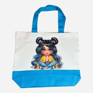 Large Canvas Tote Bag with Cute Cartoon Girl Art | Hand Pressed | 17”x14” | New